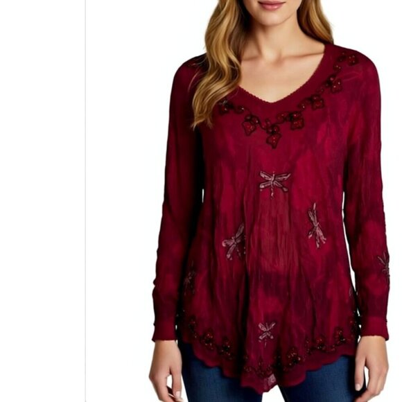 Greater Good Tops - Greater Goods Women's Red Boho Long Sleeve Size S/m Embroidered 1X/2X (A57)